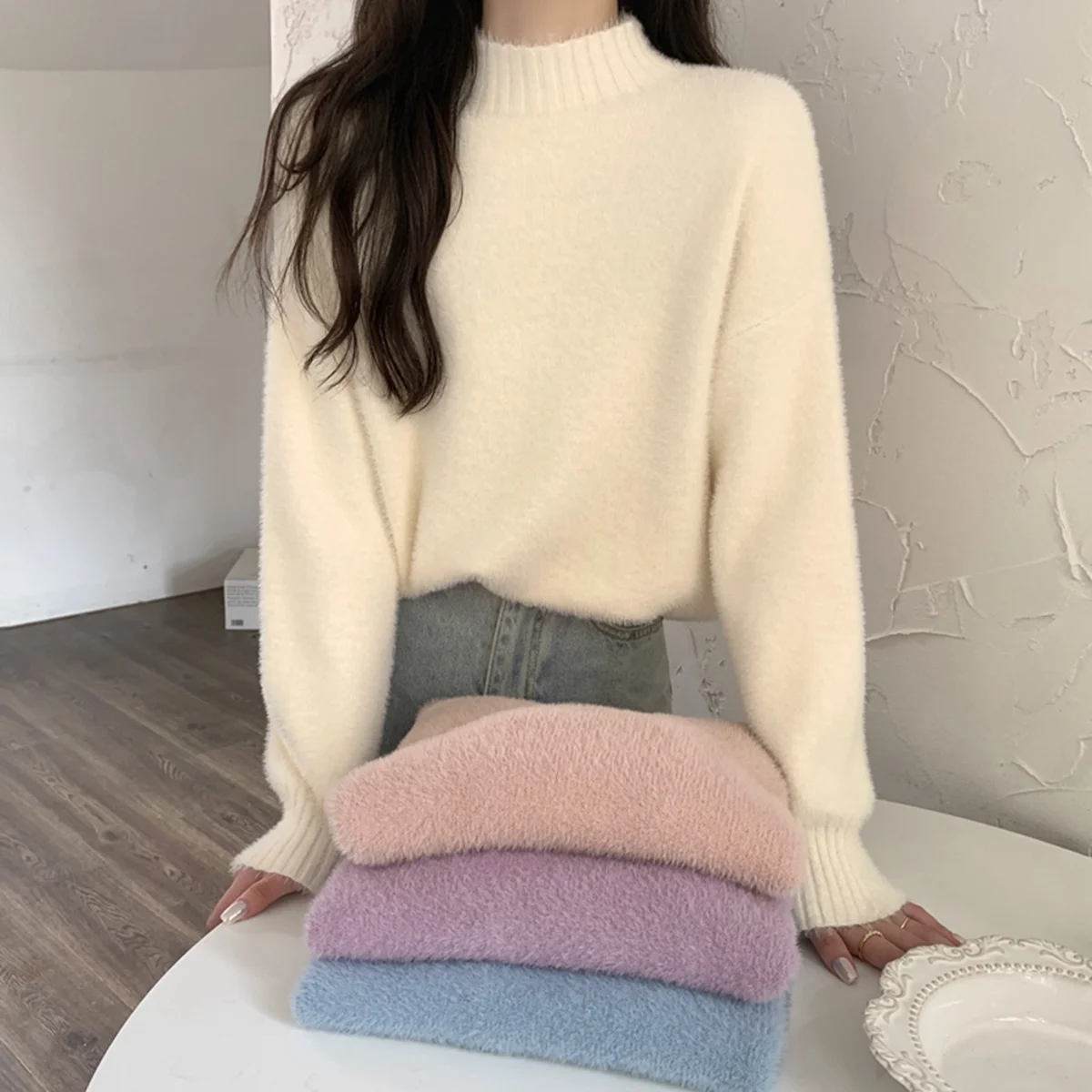 Autumn Winter Korean Imitate Mink Cashmere Sweaters Women Mock Neck Slim Thick Warm Jumpers Female Solid Color Knitwear