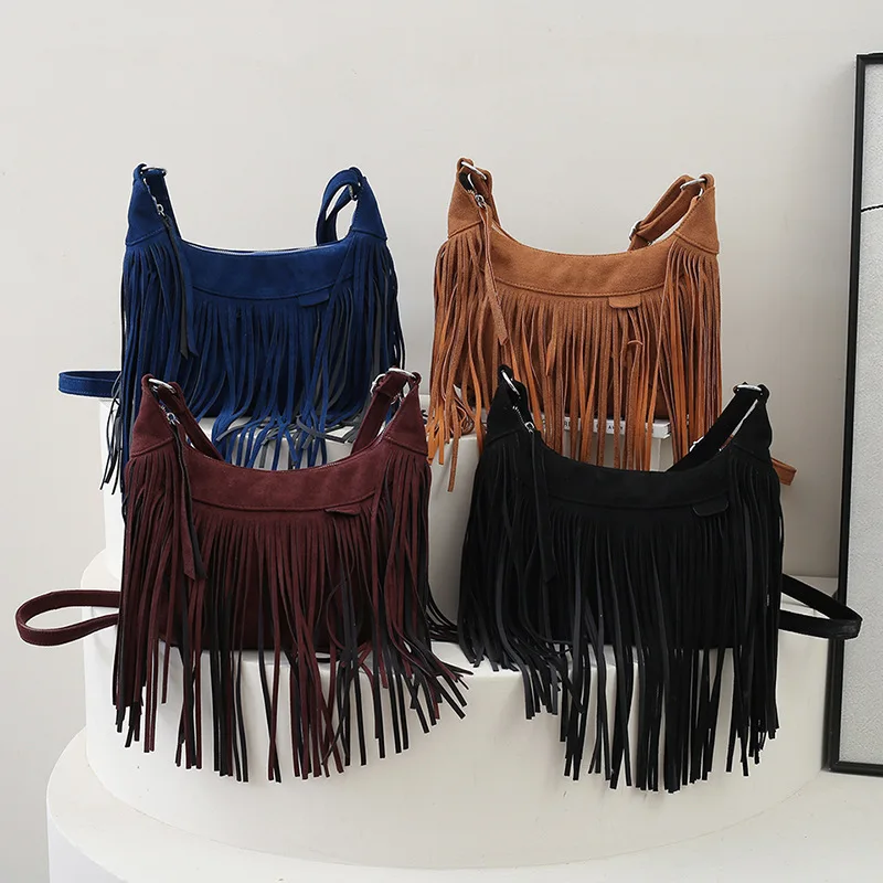 Women\'s Vintage Tassle Suede Shoulder Crossbody Bags for Ladies PU Leather Armpit Hobos Bag Large Capacity Design Handbags Purse