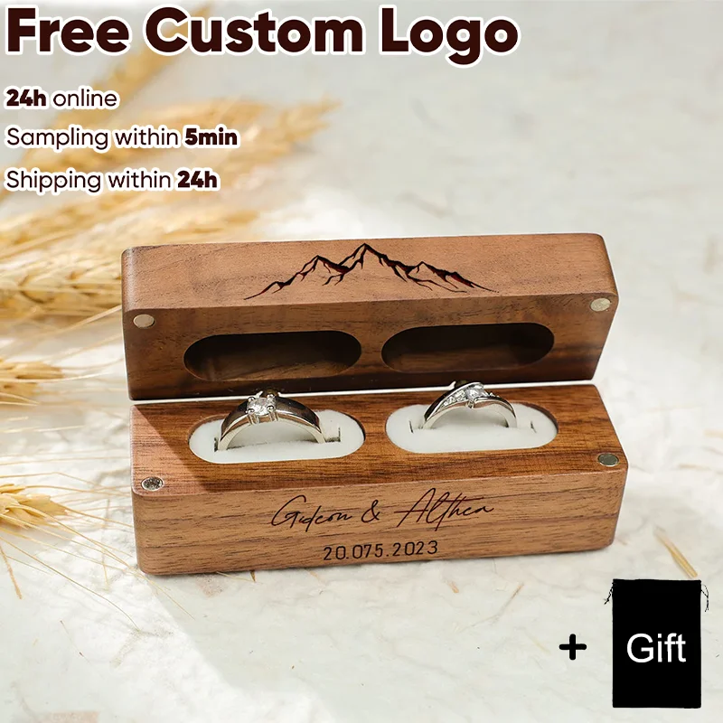 Wood Double Ring Box Free Engraving Name Wedding Ring Engagement Bearer Box Custom Proposal Modern Rustic Wedding Wide Ring Box