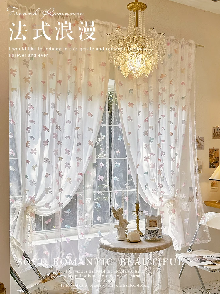 

French Opaque Lace Double-layer One-piece Bow Gauze Curtain Korean Princess Style Bedroom Curtain Half Curtain 1pc Rod Pocket