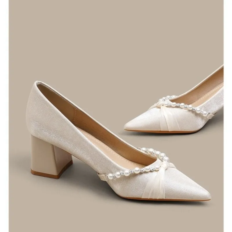 French Satin Single Shoes New Block Heel Pointed Toe Shallow Mouth Non-Tired Feet Pearl Heels