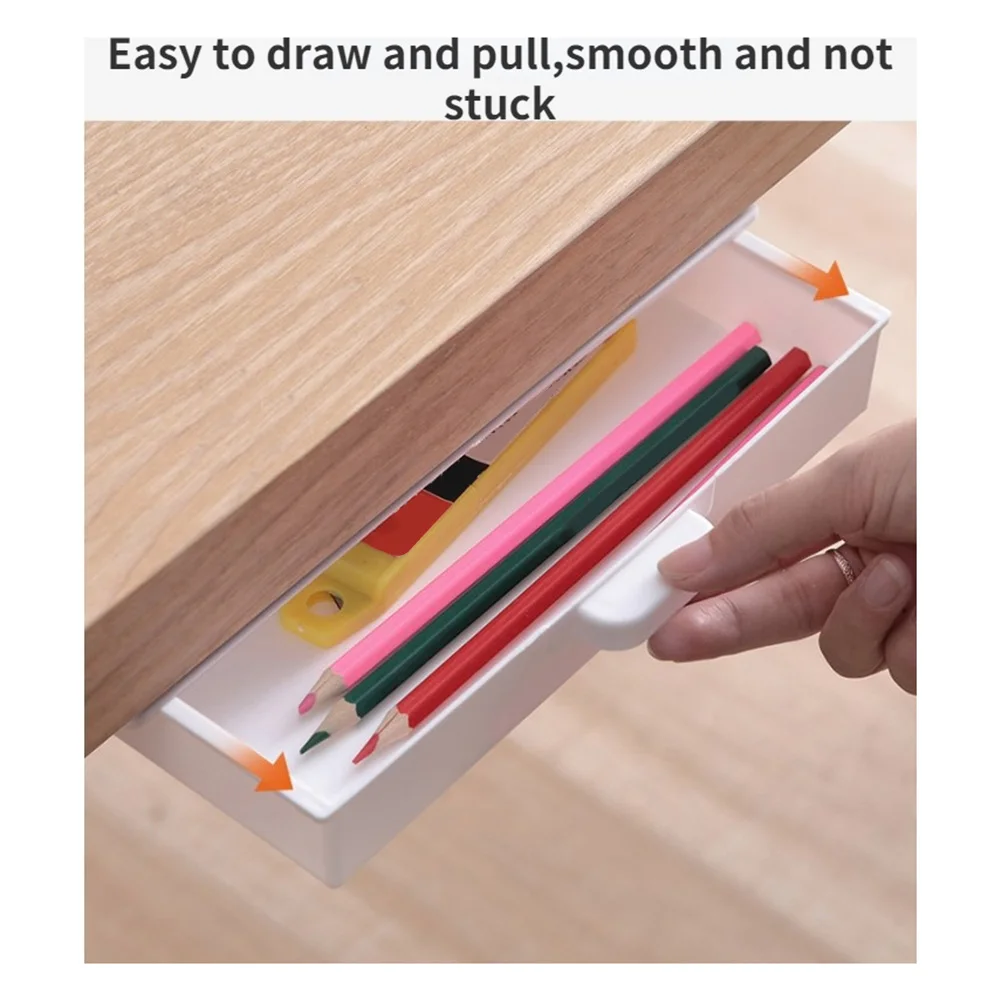 AT16 Under Desk Drawer Organizer Storage Box Self-Adhesive Stationary Container Desk Makeup Holder White