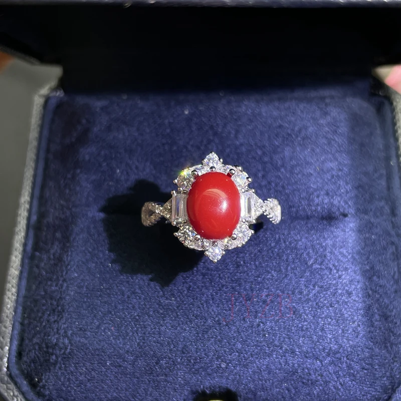 Natural coral ring ins full of diamonds set with light luxury large particles female students advanced design sense opening ring