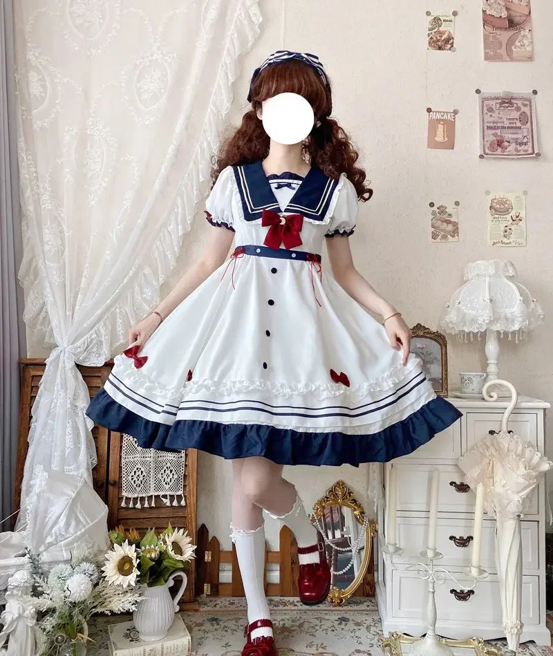 MAGOGO Star Sea Lolita OP Kawaii Dress Women Spring Summer Preppy Style Sailor Navy Collar Bow Sweet Dress Academy Daily Dresses