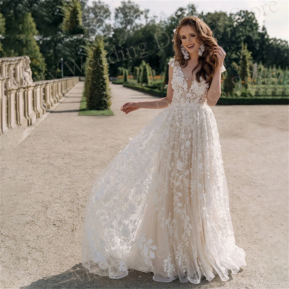 Elegante vestido De novia con escote en V, apliques De encaje, sin mangas, Espalda descubierta, elegante Para Mujer