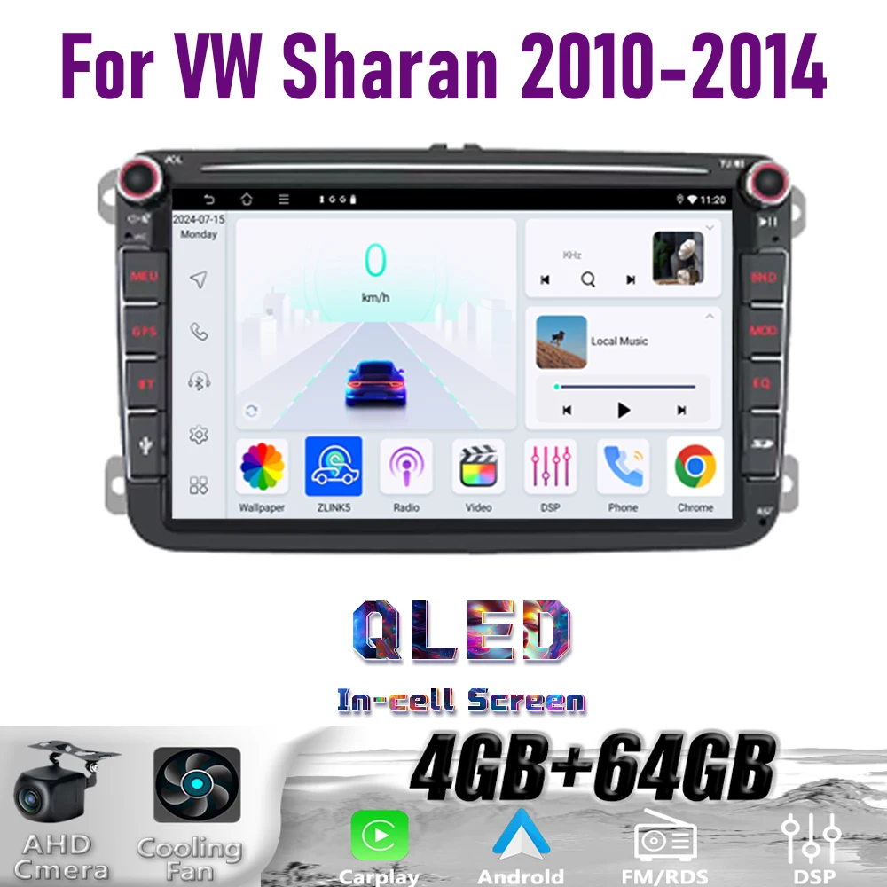 

GPS 8" For VW Sharan 2010-2014 Wireless CarPlay Android 15 Car Radio WIFI Multimedia Player Head Unit Google Maap Camer 4GB+64GB