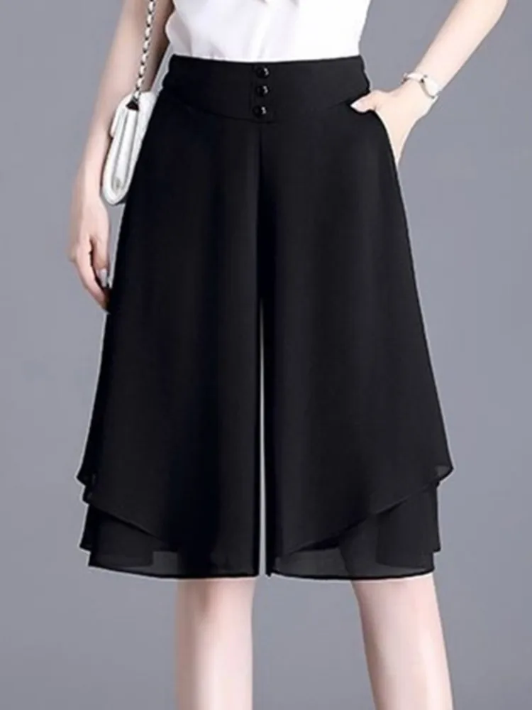 

High Waist Wide Leg Pants Women's Summer Thin Chiffon Five-Quarter Shorts plus Size Fat MM Middle-Aged Mom Pants