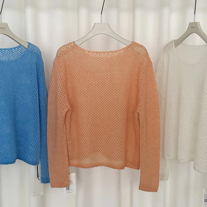 HKSH Autunno Nuove Donne T-Shirt Scava Fuori O-Collo Pullover A Maniche Lunghe di Colore Solido Lavorato A Maglia Allentato Elegante High Street Magliette E Camicette HK11748