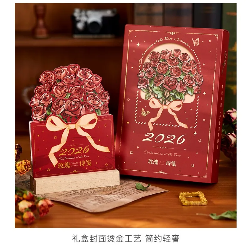

Rose Desk Calendar 2026 Hand-painted 3D Flower 2026 Calendar Clock in Plan Office Desktop Memo Office Desktop Decoration