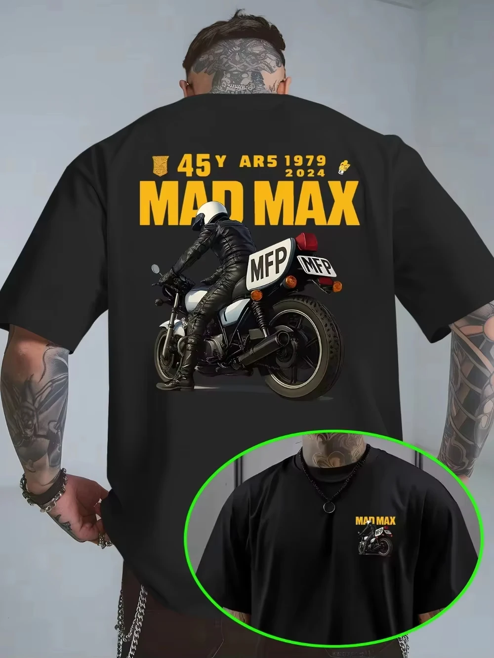 2026 new Men's T-shirt with a simple mini print on the front and a motorcycle art pattern on the back. Comfortable and casual.