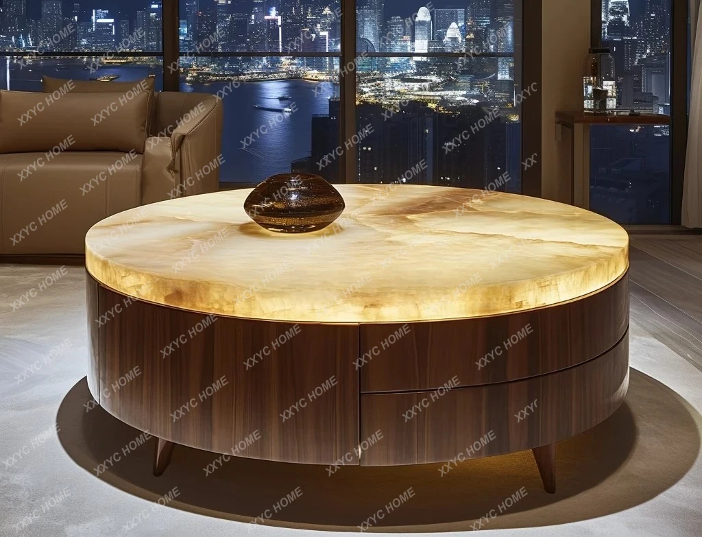 طاولة طعام مضيئة من اليشم، حجر فاخر مستدير من الرخام الطبيعي، طراز فاخر وخفيف الوزن، طاولة طعام لغرفة المعيشة #4