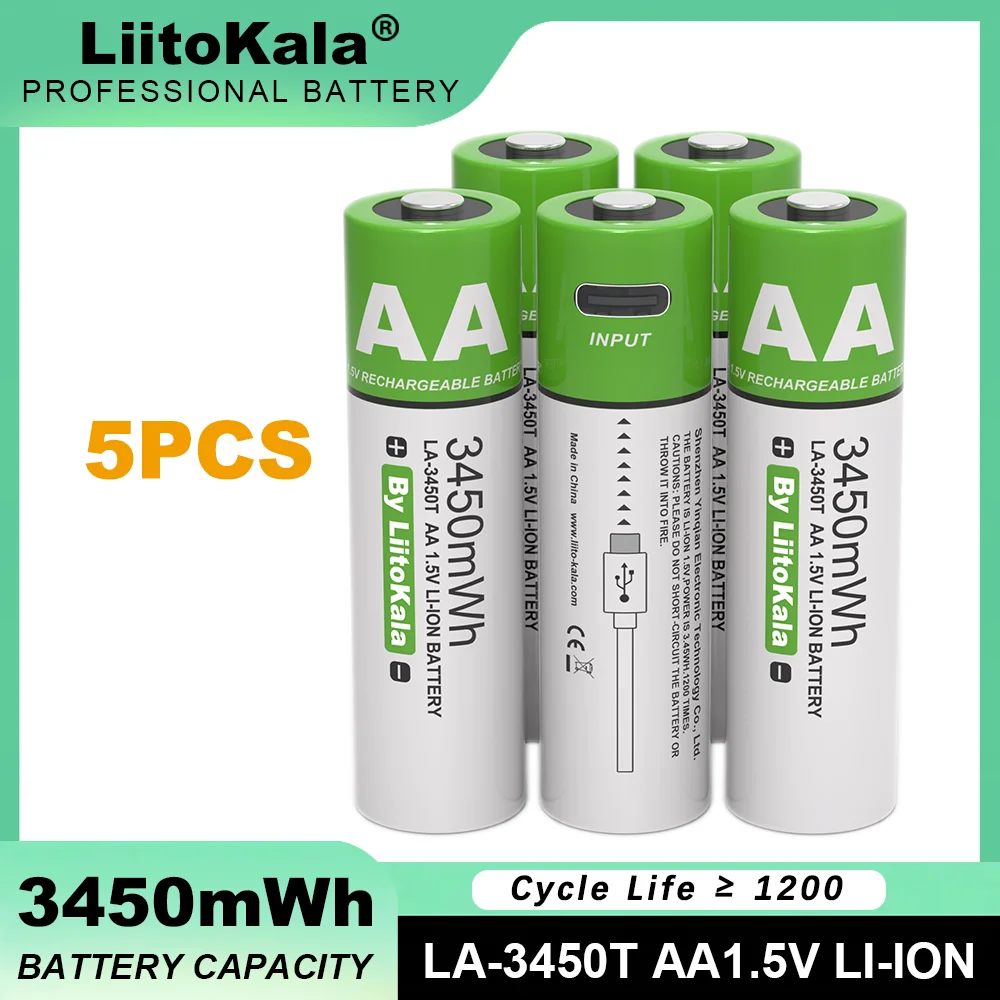 5PCS Liitokala LA-3450T AA 1.5V 3450mWh Lithium Rechargeable Battery Large Capacity Type-C USB Fast Charge for Mouse Toy