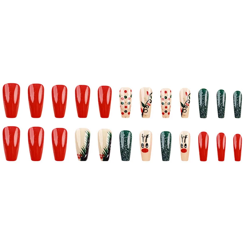 24 szt. Długie, kwadratowe sztuczne paznokcie - Świąteczne renifery z zielonym brokatem, czerwono-złoto-zielone kropki, motyw choinki, świąteczny wzór