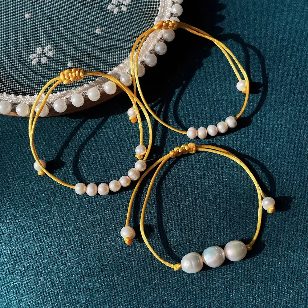 Natural Freshwater Pearl Friendship Bracelet for Women Baroque Pearl Six Pointed Star Charm Sun Yellow Rope Chain Bracelet Boho