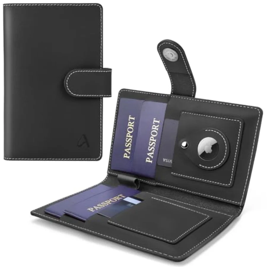 

Passport Holder for Travel Family, Genuine Leather Passport Wallet with AirTag Slot, RFID Blocking Travel Document Organizer fo