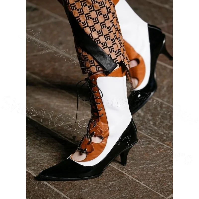 

Mixed Color Hollow Design Cross Tied Buckle Boots Back Zipper Women Shoes Thin High Heels Pointed Toe 2024 Zapatos Para Mujere