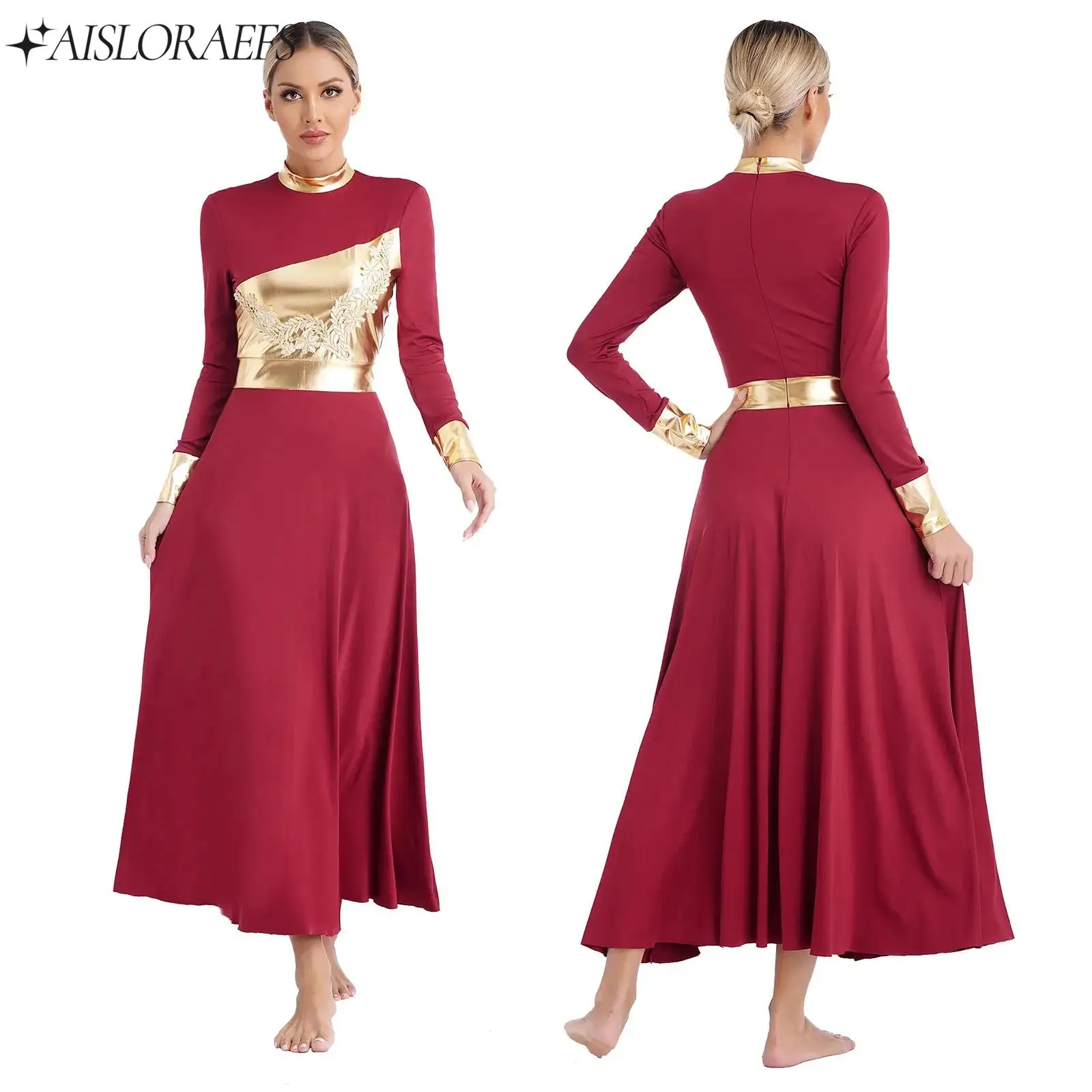 

Womens Praise Lyrical Liturgical Dance Dress Chior Performance Ceremony Clothes Long Sleeve Dresses Church Worship Dancewear