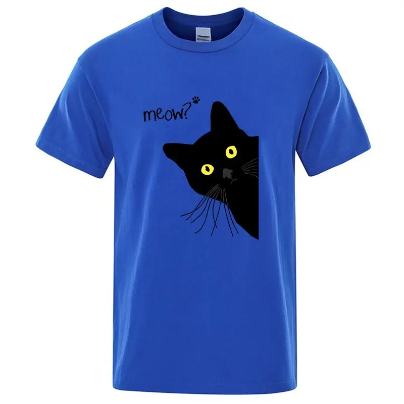 Meow Black Cat Funny Printing Men T-Shirts Tees Clothes Summer Streetwear Tops Male High Quality Loose Cotton Short Sleeve