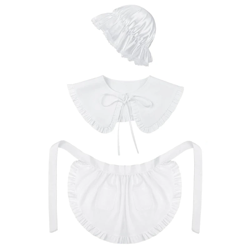 3 Pcs Colonial Costume Set White Mobs Caps Bonnet Shawl Waist Apron Maid Half Apron Pilgrim Costume Accessories for Women