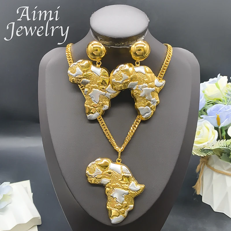 Afrika Karte Dubai 18K vergoldet Schmuck Set Anhänger Halskette Ohrringe Frauen Party afrikanische nigerianische ägyptische Braut Hochzeitsgeschenk