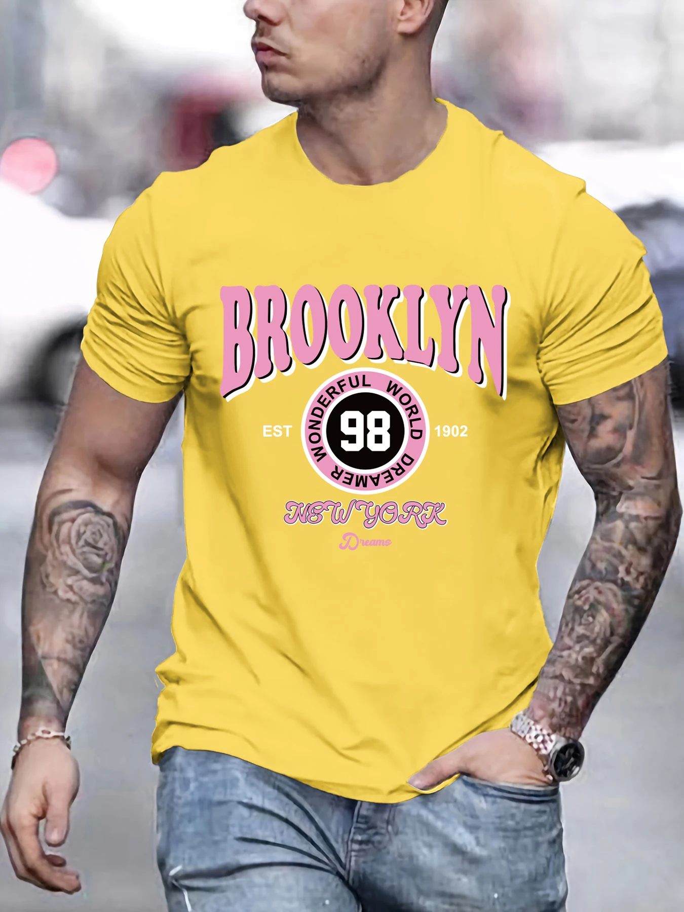 Pink Brooklyn New York Est 1902 Prints Man Tee Shirt O-Neck Breathable T-Shirt Cotton Casual Short Sleeve Mens Oversized Clothes