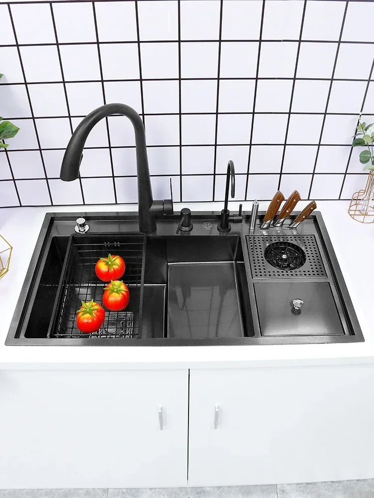 Kitchen Sink Black Stepped Nano Stainless Steel Large Single Slot Basin Cup Washer Sink With Knife Holder for Home Coffee Shop