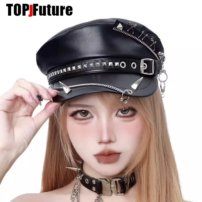 Women Men Punk Dark Streetwear Harajuku Gothic Lolita Hat Subculture Metal Zipper PU Flat Cap Spire Leather Strap Chain Cap