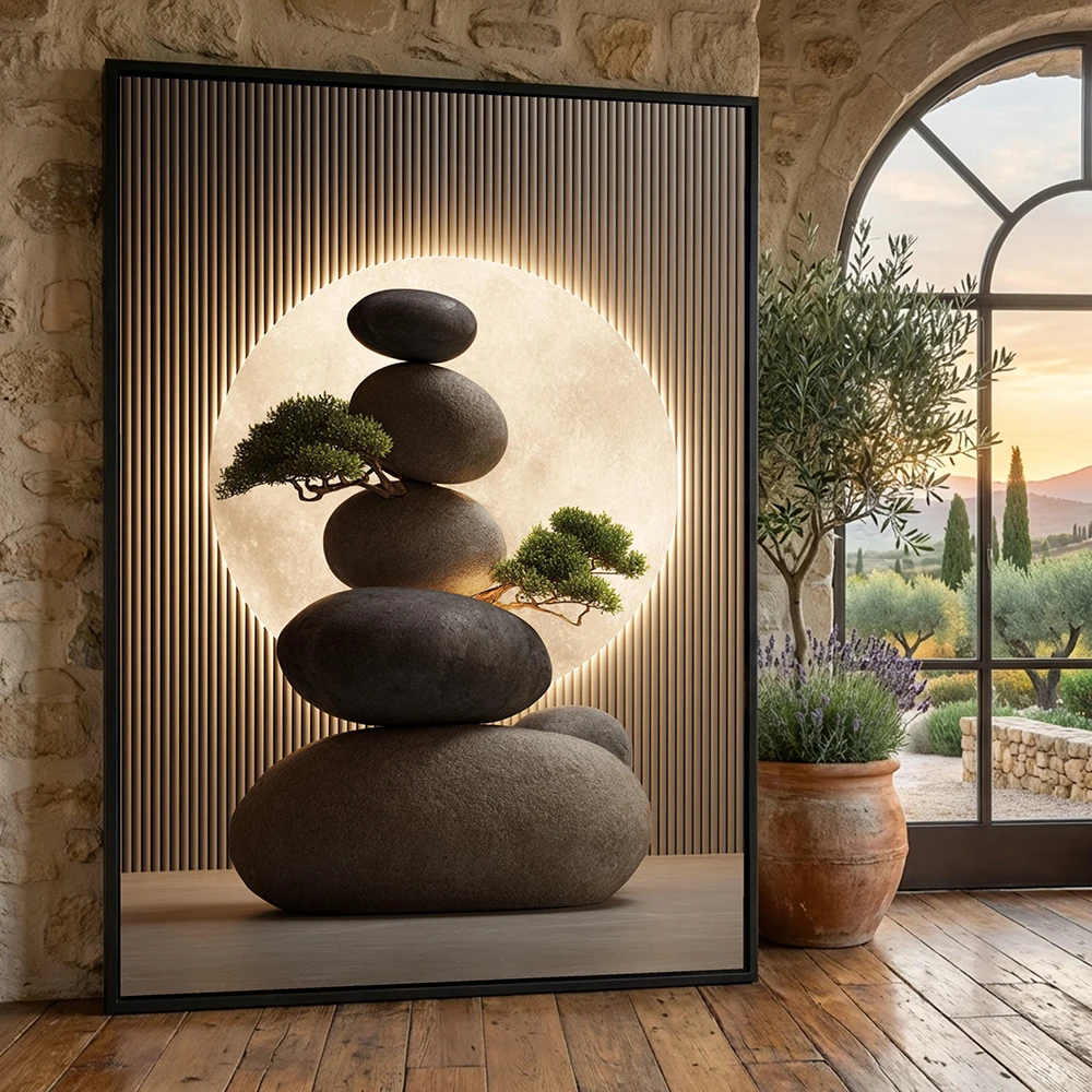 Balanced Zen Stones Stack with Bonsai Trees Canvas, Minimalist Wall Art, Peaceful Home Decor, Nature Meditation Canvas, No Frame