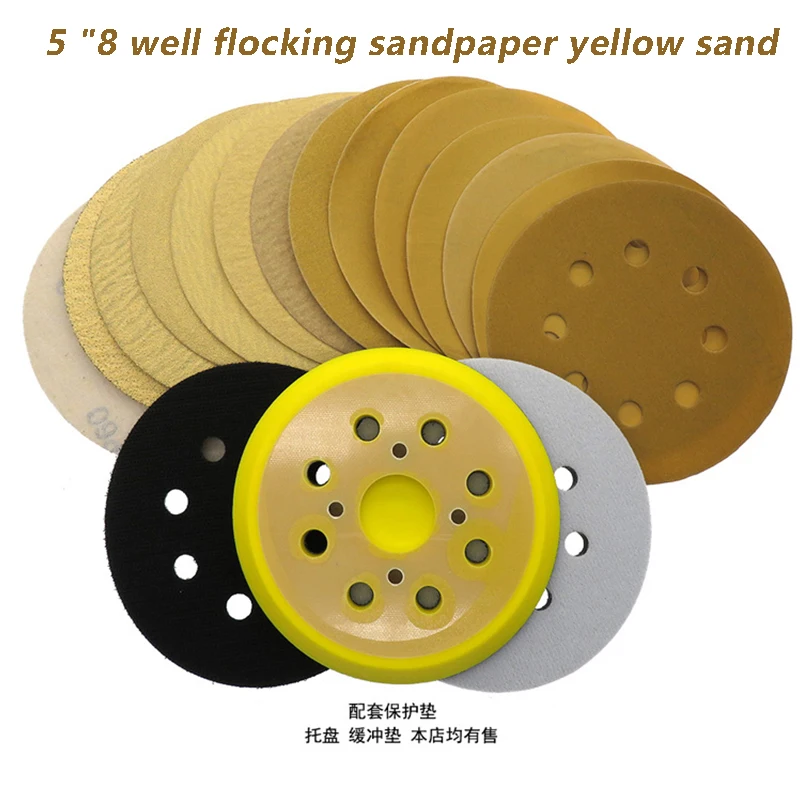 

10~40Pcs 5 Inch Yellow Sanding Discs 8 Holes 125mm Hook And Loop Aluminum Oxide Sandpapers For Polishing Random Orbital Sander