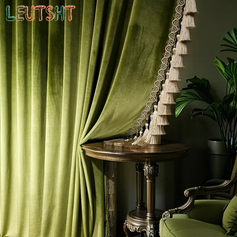 Custom Size French Light Luxury Olive Green Velvet Luxury High-end Curtains High-end European Villa Living Room Door Screen