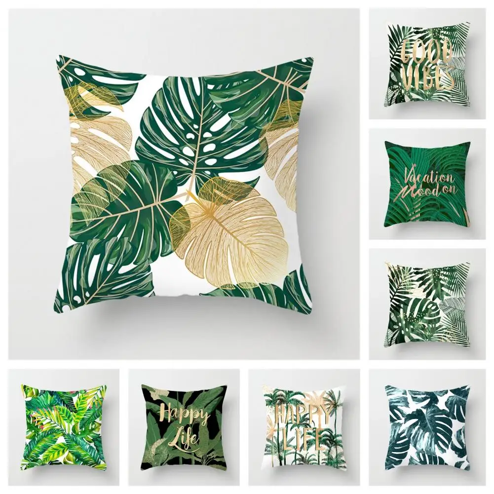 45cm Cushion Case Removable Polyester Green Plant Print Pillowcase Tropical Leaf Cactus Monstera Throw Cushion Cover Home Decor