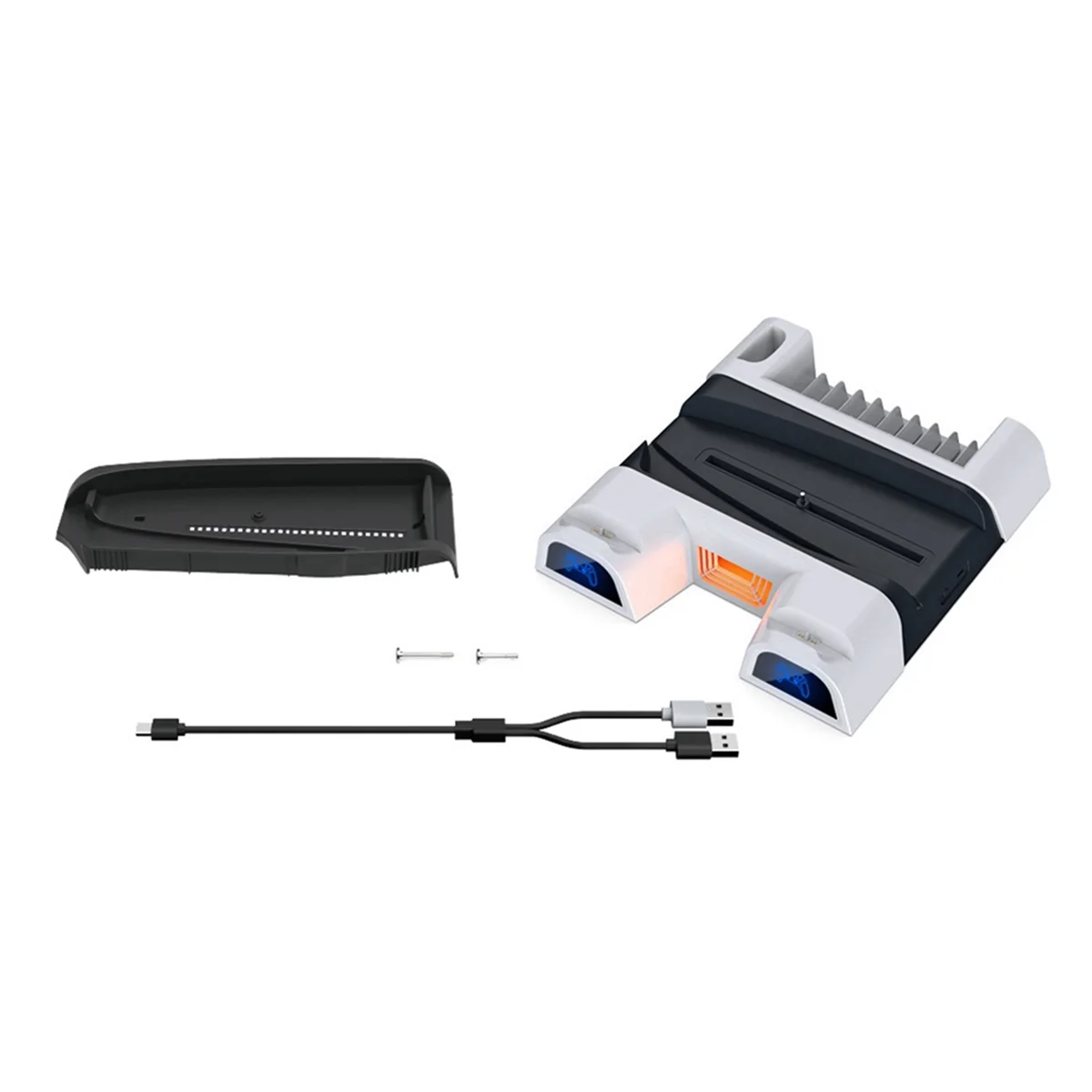 QA88X لـ PS5 Slim/PS5 Pro حامل تبريد عمودي مقبض محطة شحن مزدوجة مع ضوء مع رف تخزين قرص الألعاب