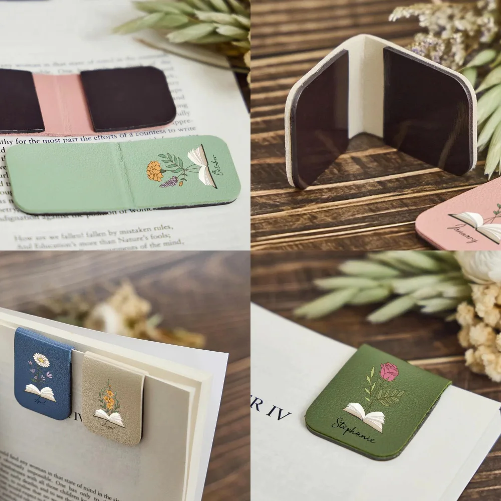 

Name Bookmark with Month Flower Custom Leather Month Flower Bookmark Personalized Leather Magnetic Bookmark