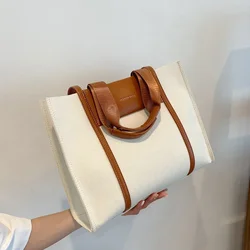 Large Capacity Canvas Tote Women Commuter HandBag Pu Leather Splicing Female Shopper Simple Shoulder Messenger Bag Sac A Main