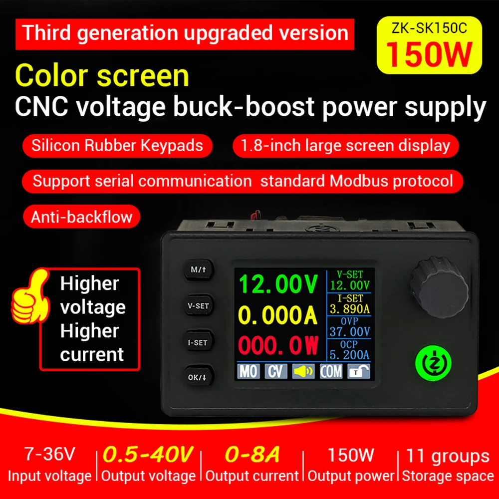 SK150C CNC Boost Buck DC Adjustable Regulated Power Supply Module 1.8 inch Color Screen DC 7-36V 8A 150W