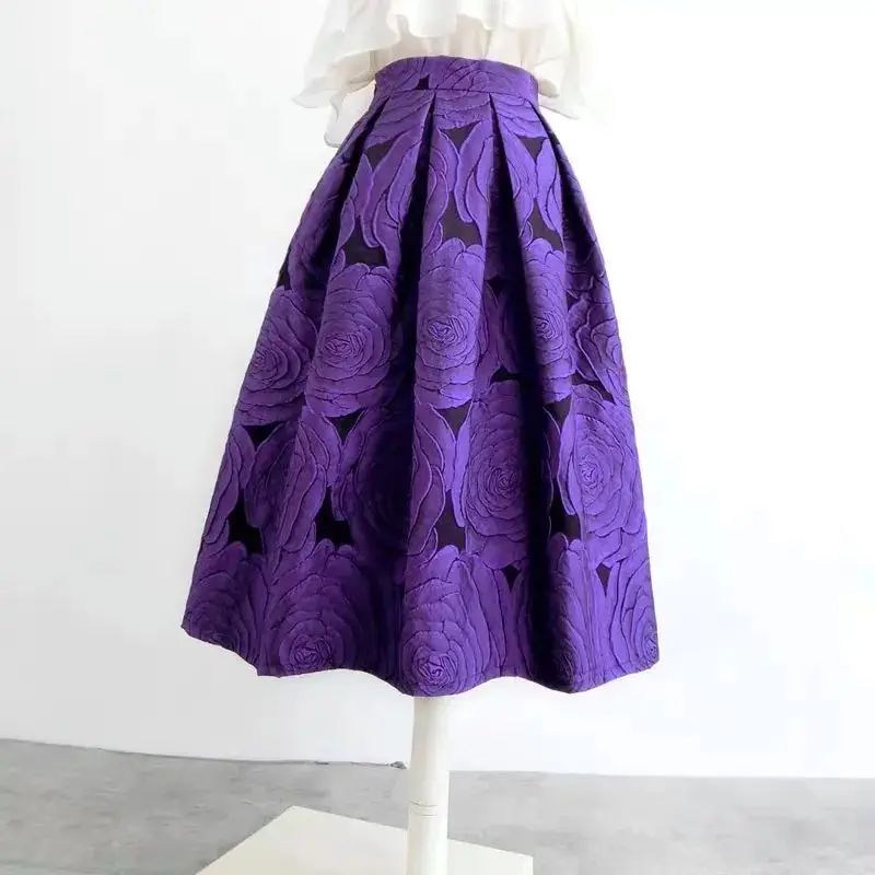 Rose Purple Floral Elegant Chic High Waist Ball Gown Loose Women\'s Skirt Knee-Length Long Skirts For Women Clothing Fashion 2024
