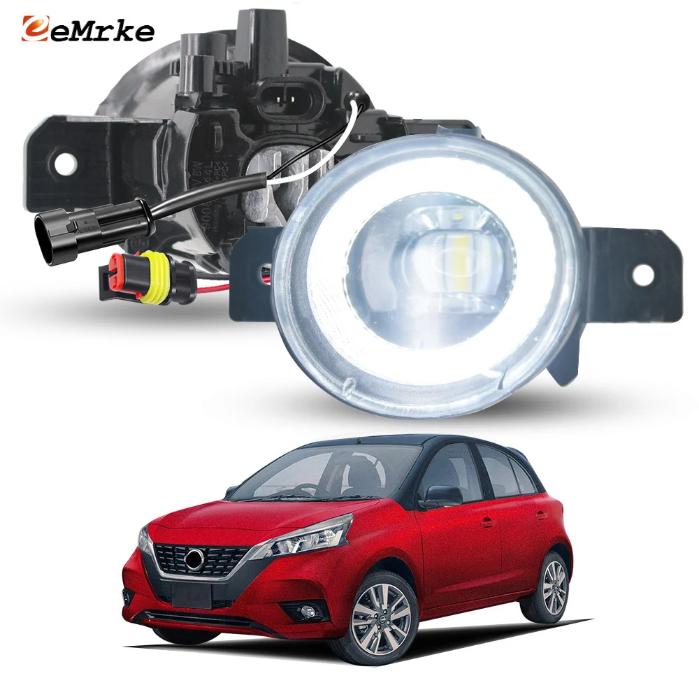 30W LED Car Fog Lights Assembly for Nissan March Latam K13 2021 2022 2023 2024 PTF with Clear Lens + Angel Eye DRL Daylights