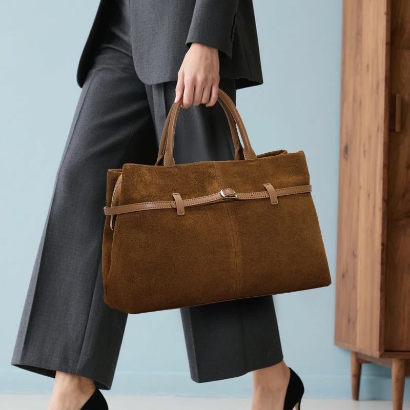 Genuine leather handbag, frosted cowhide tote bag for women, large-capacity commuter briefcase, single-shoulder bag with flat