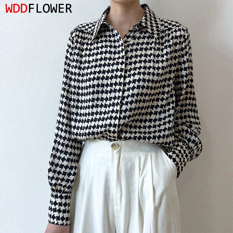 

95% Mulberry Silk 5% Spandex Women Silk Shirt Black Checks Print Collared Buttons Down Long Sleeve Top Blouse Office Work M1262