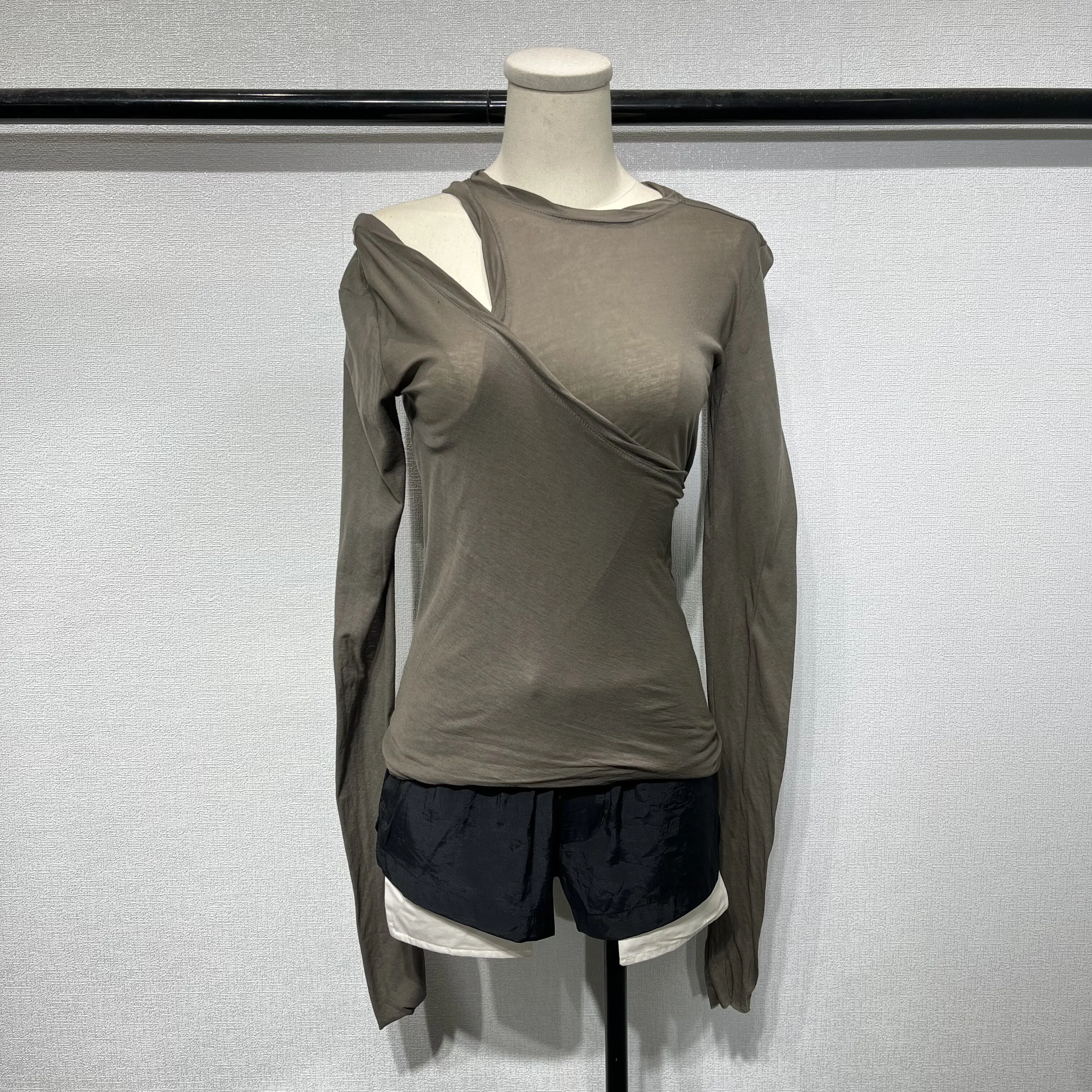 Women's Fall Dark RO Mainline Long Sleeve T-Shirt, Thin Off-Shoulder Round Neck, Double-Layer Slim Fit Casual Base Layer Top