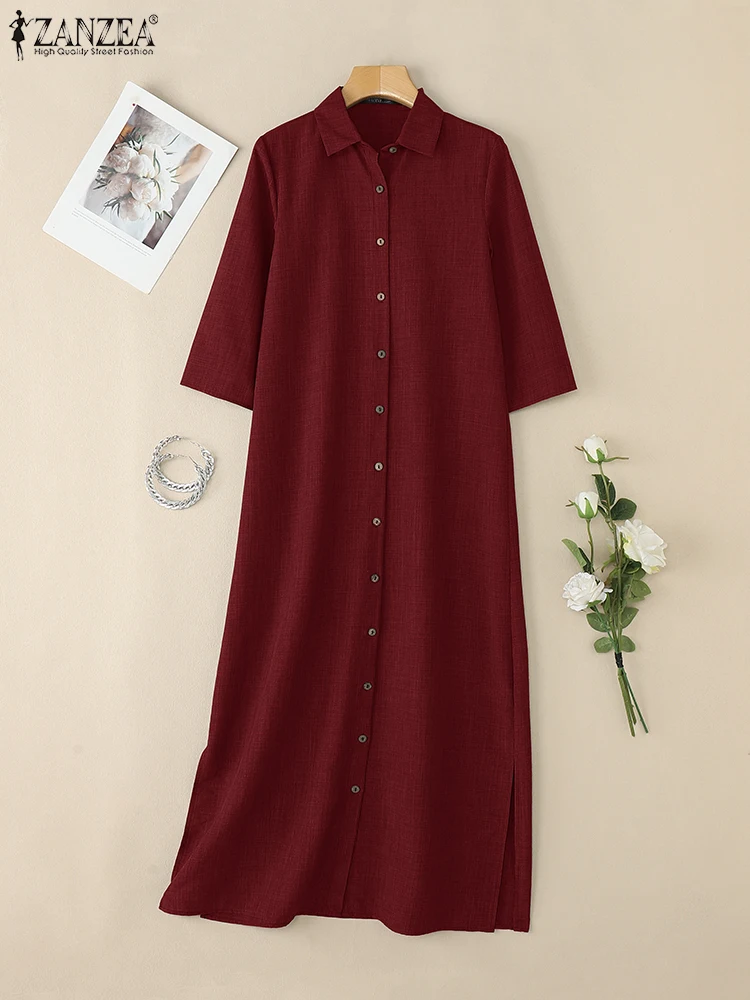 ZANZEA femme automne mode élégante chemise décontracté col rabattu manches 3/4 fente latérale Maxi Robes déplacements Robes solides