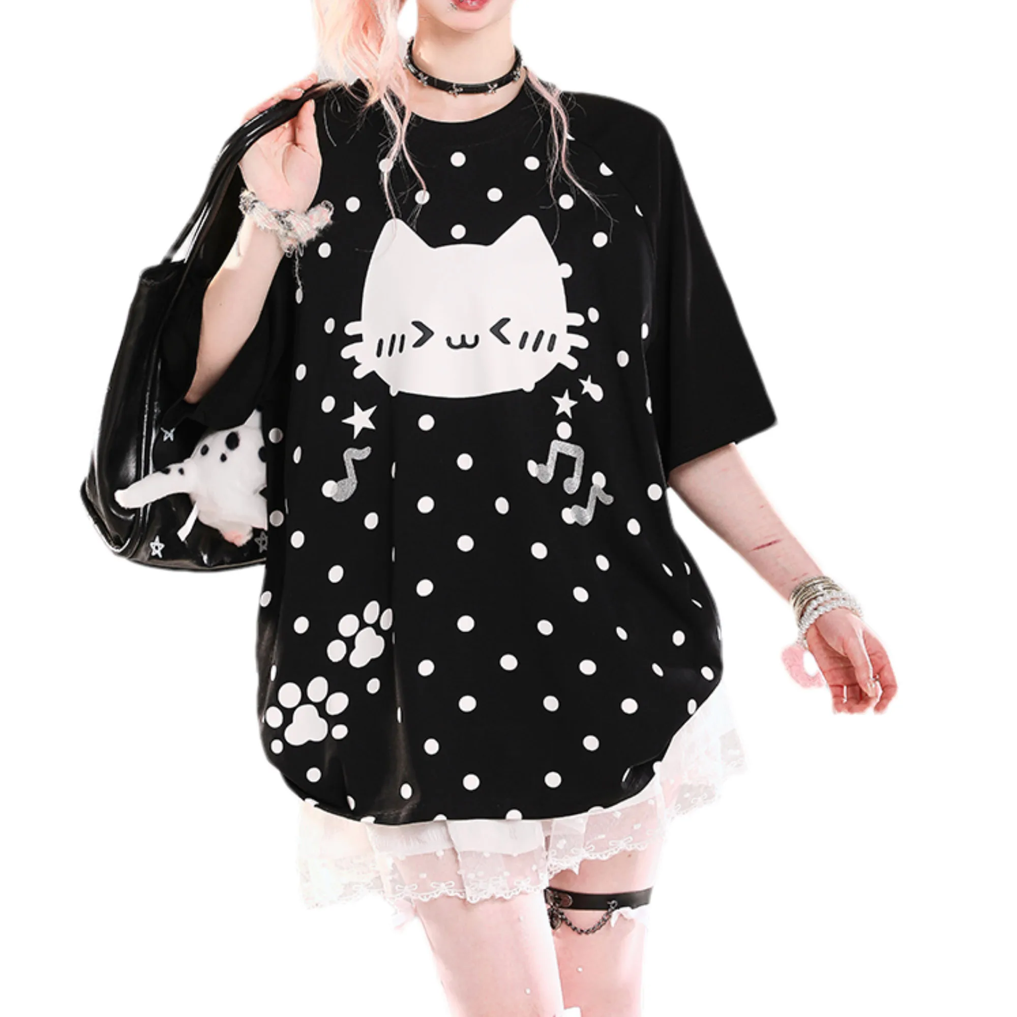 

Summer Tops for Teens Cutecore Clothes Womens Japanese Kawaii Cat Graphic Tees Funny Oversized Casual T Shirts Black Pink Blue