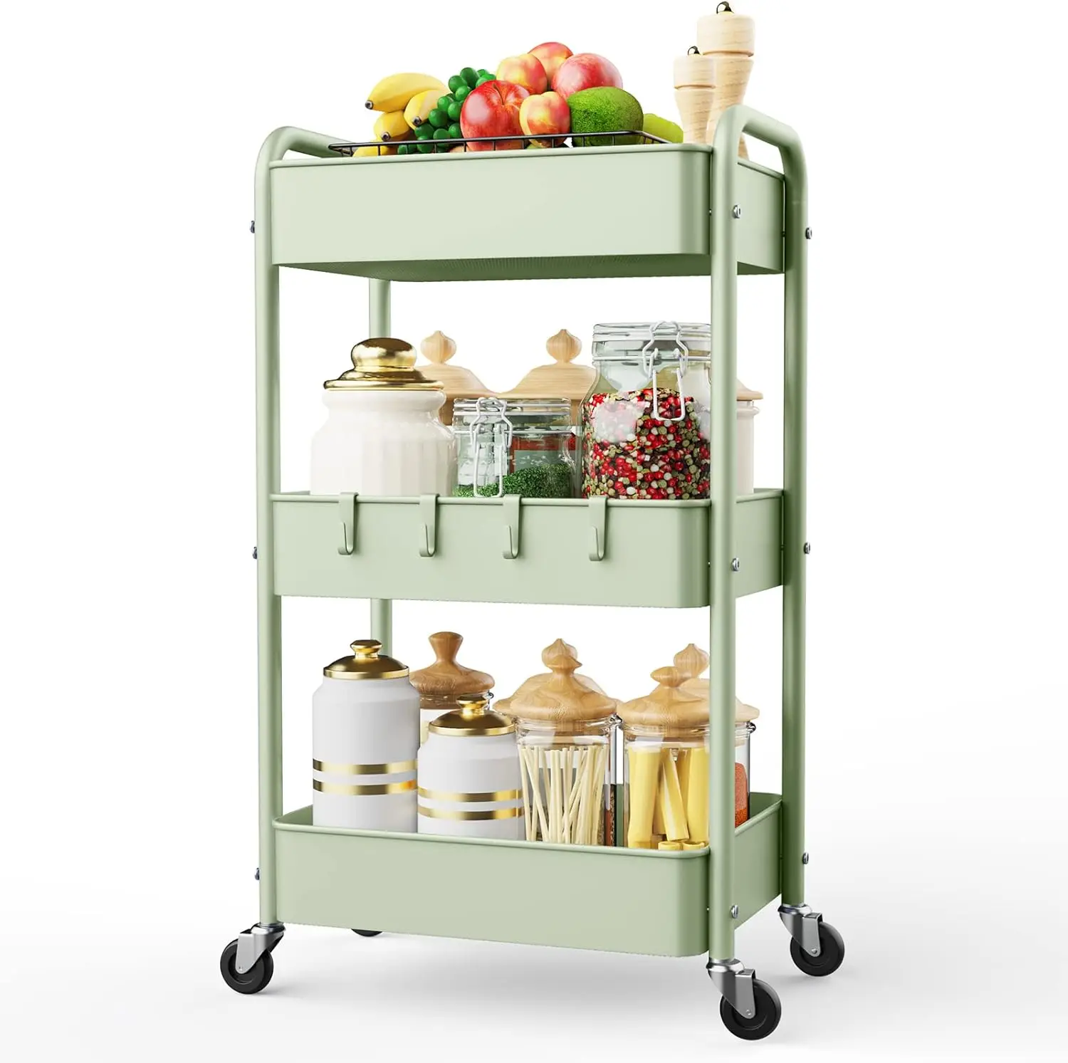 

3 Tier Rolling Storage Cart with Wheels & Hooks, Easy Assembly Organizer Storage Cart for Bathroom Kitchen Office Bedroom