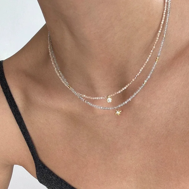 Champagne Zircon and Gray Moonstone Clavicle Necklace Featuring Geometric Bamang Star Pendant Handcrafted with Titanium Steel Li