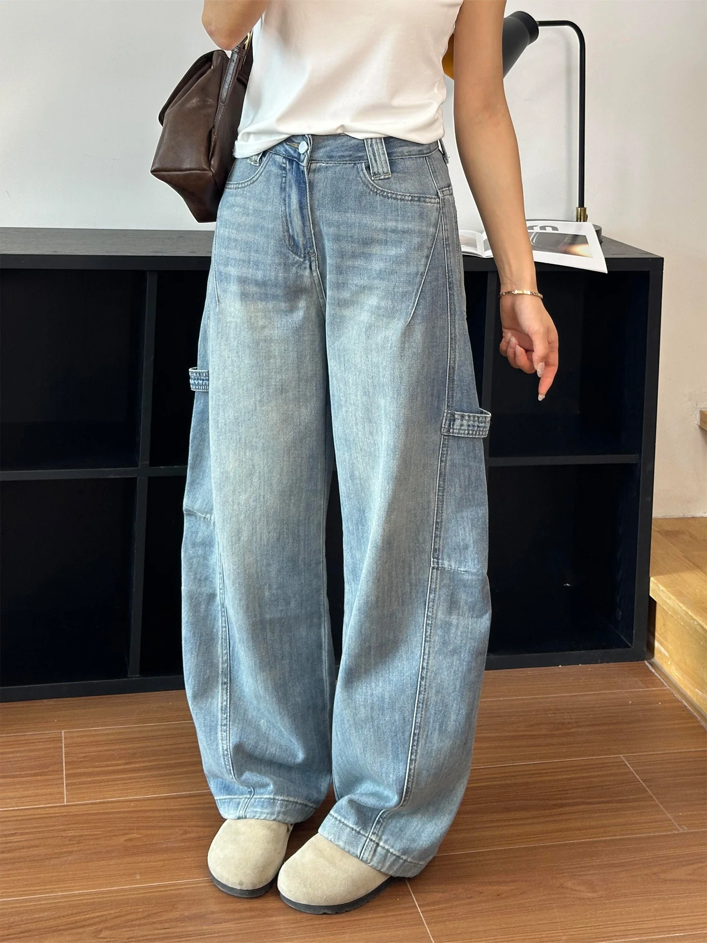 

Джинсы женские больших размеров в американском ретро-стиле, с высокой талией, прямые, широкие, в пол, для работы, с эффектом похудения