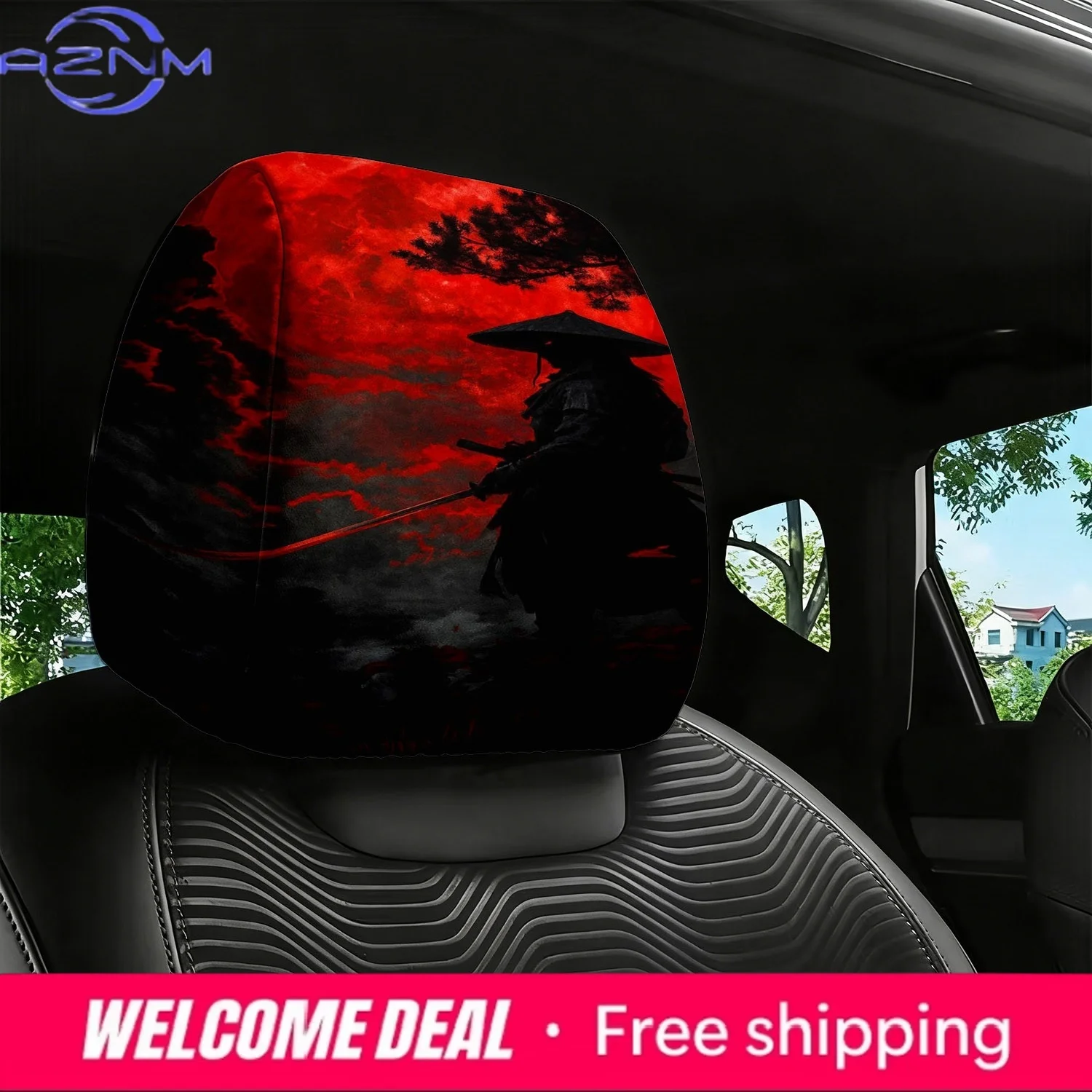 

Samurai Silhouette Print Car Headrest Cover, Universal Fit, Seat Protector Cover