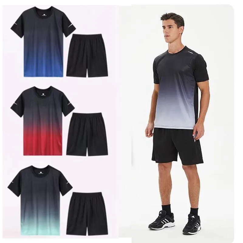 Fitness Clothes Men Ice Silk Quick Drying Sportswear Suit Short Sleeve Sports T-shirt Shorts Running Tracksuit Gym Training Set