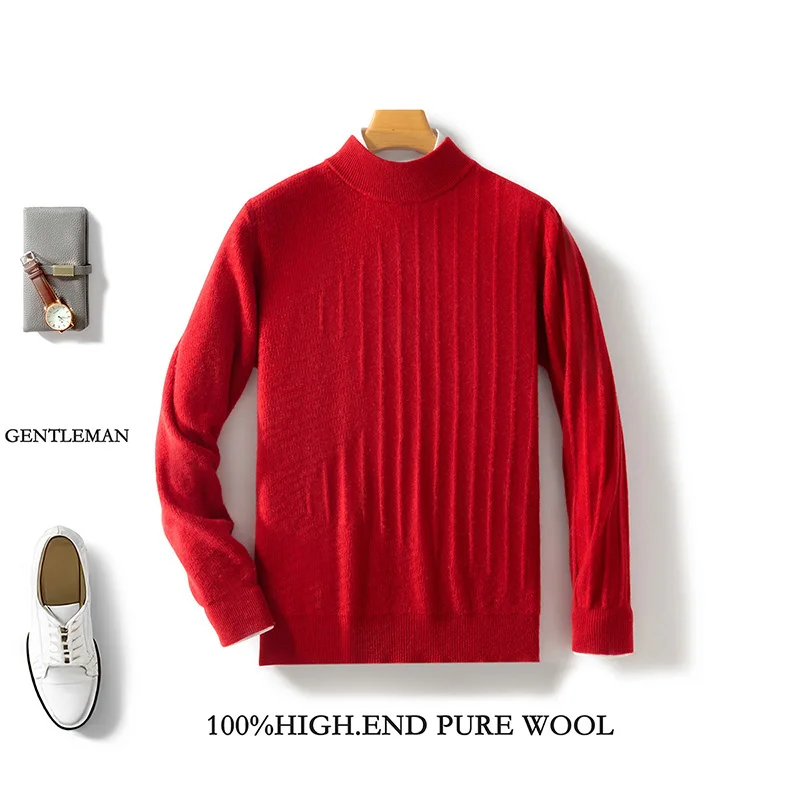 ฤดูใบไม้ร่วงฤดูหนาวใหม่ขนสัตว์บริสุทธิ์ 100% ผู้ชายหลวมกึ่งสูงสีทึบเสื้อกันหนาวธุรกิจถัก Bottoming เสื้อ