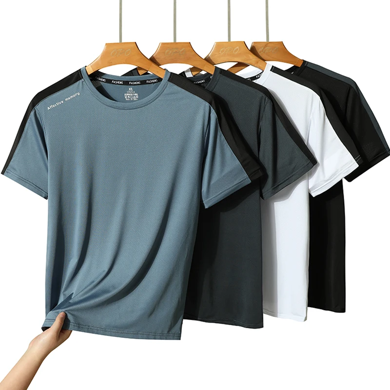 Thin round neck T-shirt summer sports running top color blocking men\'s and women\'s short T casual loose ice silk quick drying br