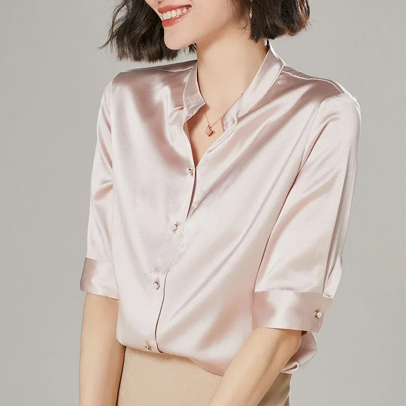 Fashion Stand Collar Solid Color Silk Shirt Women Spring 90% Mulberry Silk Shirts Mid-sleeve Slim Tops Casual Silk Blouse Zm2780